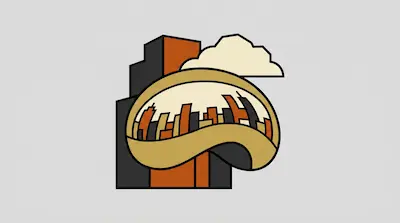 A stylized illustration of a bean-shaped sculpture reflecting a city skyline, with buildings and a cloud in the background.