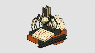 A mechanical spider stands over a blueprint amidst cracked eggs, steel beams, and bricks.