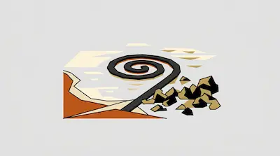 A black spiral path extends from a rocky shoreline into a body of water.