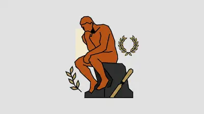 A minimalist orange figure sits on a black base with its chin resting on its hand, surrounded by gold laurel wreaths and a chisel.