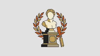 A classical bust on a pedestal surrounded by a laurel wreath with a chisel leaning against the base.