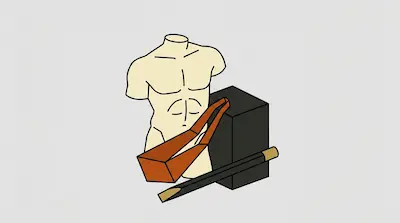 A cream-colored male torso mannequin with an orange bag draped over it, positioned next to a black rectangular block and a long dark instrument.