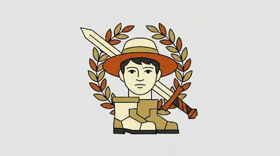 A stylized head wearing a wide-brimmed hat is centered in front of a laurel wreath and a diagonal sword, with a pair of boots positioned below.