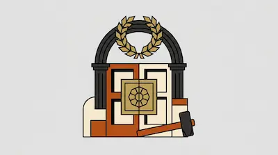 A black arch with a gold laurel wreath framing a set of brown and white doors, with a gavel resting at the base.