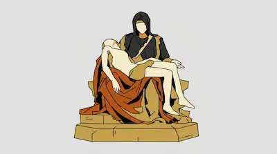 A seated figure in a dark robe holds a pale, reclining figure across their lap in a geometric, minimalist style.