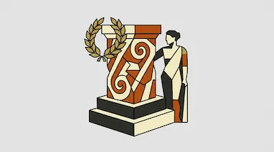 A woman in a sari stands next to a stylized column decorated with the number 65 and a laurel wreath.
