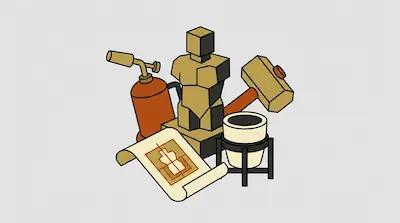 A geometric sculpture of a torso surrounded by a blowtorch, a hammer, a crucible, and a blueprint.
