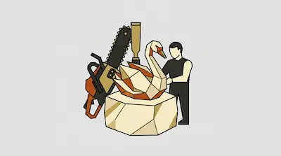 A person stands beside a geometric swan sculpture on a stone block, accompanied by a chainsaw and a chisel.