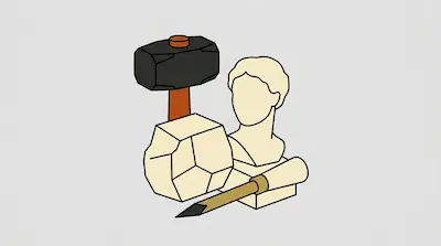 A mallet, a chisel, a rough stone block, and a finished bust of a person.
