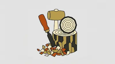 A chisel and a mallet stand next to a tree stump and a pile of wood shavings.