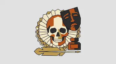 A stylized skull with a ruff collar, a theatrical mask, an inkwell, and a quill pen.