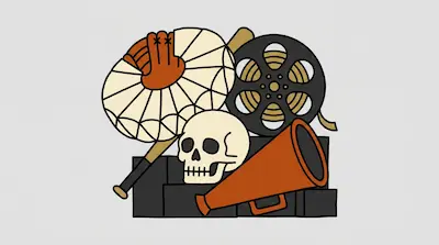 A baseball bat, glove, film reel, skull, and megaphone are clustered together in a flat graphic style.