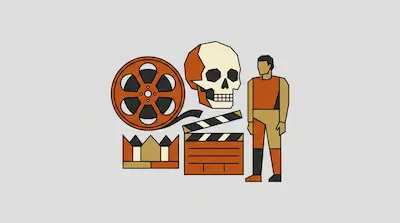 Geometric icons of a film reel, a skull, a human figure, a clapperboard, and a crown.