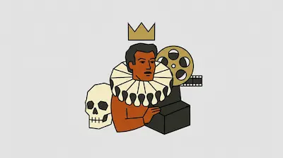 A person wearing a ruff collar and a crown, positioned between a skull and a film projector.