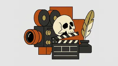 A vintage movie camera, a human skull, a film clapperboard, and a quill pen in an inkwell are grouped together against a background of orange geometric shapes.