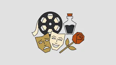 A film reel, a corked bottle, smiling and frowning theater masks, and a rose.