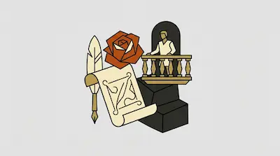 A quill, a scroll, and a red rose are arranged next to a person standing on a balcony.