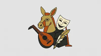 A stylized donkey head, a lute, a smiling theater mask, and a quill pen are grouped together.