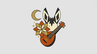 A stylized geometric animal head surrounded by a crescent moon, a flower, and a guitar in earthy tones.