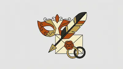A masquerade mask, a quill pen, a sealed envelope, and two interlocking rings.