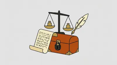 A balance scale, a quill pen, a locked wooden chest, and a scroll with symbols.