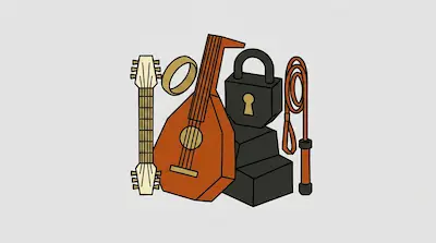 A collection of stylized, geometric objects including a lute, a guitar neck, a ring, a padlock, and a whip.