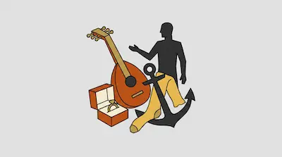 A lute, a human silhouette, an anchor, a yellow sock, and a diamond ring in a box are clustered together.