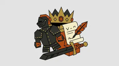 A black knight in armor, a gold crown, a scroll with a quill, and a sword are grouped together in a geometric style.