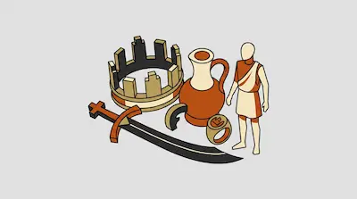 A crown with castle battlements, a curved sword, a ceramic jug, a signet ring, and a human figure in a tunic.