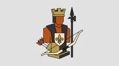 A stylized, geometric bust of a crowned figure with a fleur-de-lis shield, a bow, and a spear.