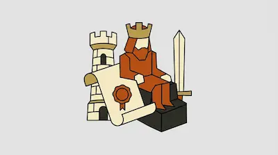 A stylized king sits on a throne between a castle tower and a sword, with a sealed scroll in the foreground.