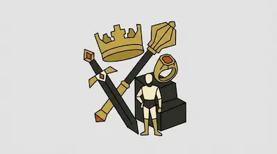 A gold crown, mace, sword, and ring are arranged around a small mannequin figure and dark blocks.