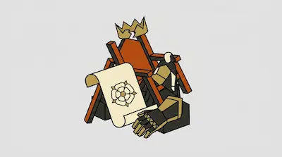 A broken wooden throne topped with a cracked gold crown, positioned next to a scroll with a rose emblem and a metal gauntlet.
