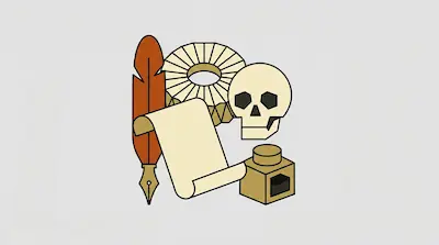 A quill pen, a scroll, an inkwell, a skull, and a pleated ruff collar are grouped together.