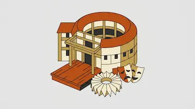 A circular open-air theater with a protruding wooden stage, a ruff collar, and two theater masks.