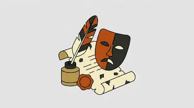 A quill in an inkwell, a scroll with a wax seal, and a two-toned drama mask.