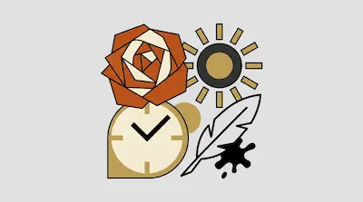 A geometric rose, a sun, a clock, and a quill pen with an ink splatter.