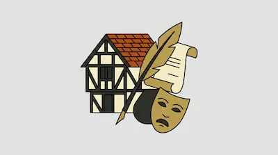 A Tudor-style house, a quill pen, a scroll, and a drama mask.