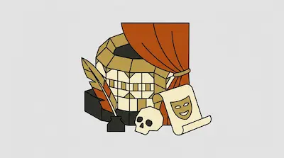 A multi-sided timber-framed building is surrounded by a quill and inkwell, a skull, a scroll with a comedy mask, and a red curtain.