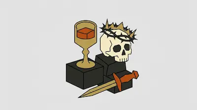 A skull wearing a crown and a crown of thorns, a golden chalice, and a sword are arranged on dark grey blocks.