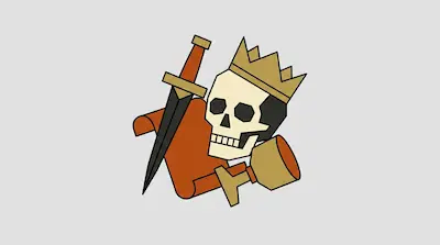 A stylized graphic of a crowned skull, a sword, a scroll, and a chalice.