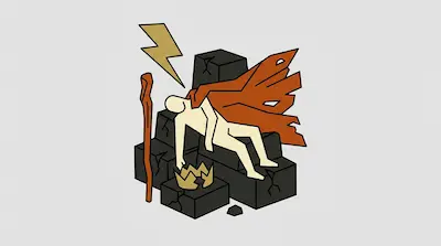 A pale figure in a tattered orange cape slumps over dark stone blocks next to a wooden staff, a broken gold crown, and a gold lightning bolt.