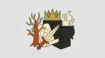 A leafless tree, a golden crown on black blocks, a scroll, a sword, and a steaming cauldron are grouped together in a stylized graphic.