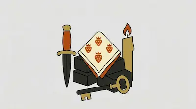 A dagger, a lit candle, and a key surround a square cloth with five strawberries resting on dark blocks.