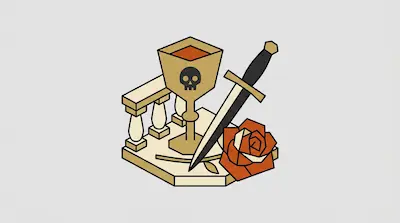 A gold chalice with a skull emblem, a dagger, and an orange rose sit on a hexagonal stone platform with a small balustrade.