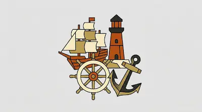 Flat illustration of a sailing ship, a lighthouse, a ship wheel, and an anchor in warm tones on a gray background