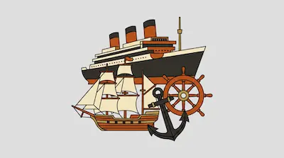 Flat illustration of a large ocean liner, a wooden sailing ship, an anchor, and a helm on a light gray background