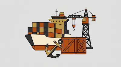 Flat illustration of a cargo ship with stacked containers, a harbor crane, and an anchor on a light gray background