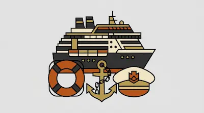 Flat illustration of a cruise ship, a lifebuoy, a gold anchor, and a captain hat in orange and black tones