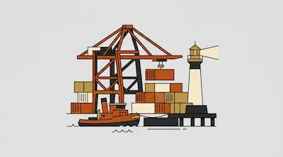 Flat illustration of an orange gantry crane, a tugboat, and a lighthouse at a shipping port on a gray background